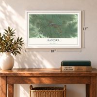 Hanover, Illinois map, 12 x 18 inch print in a white frame in an entryway