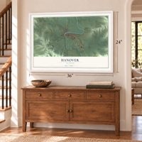 Hanover, Illinois map, 24 x 36 inch print in a white frame above a dresser by a staircase