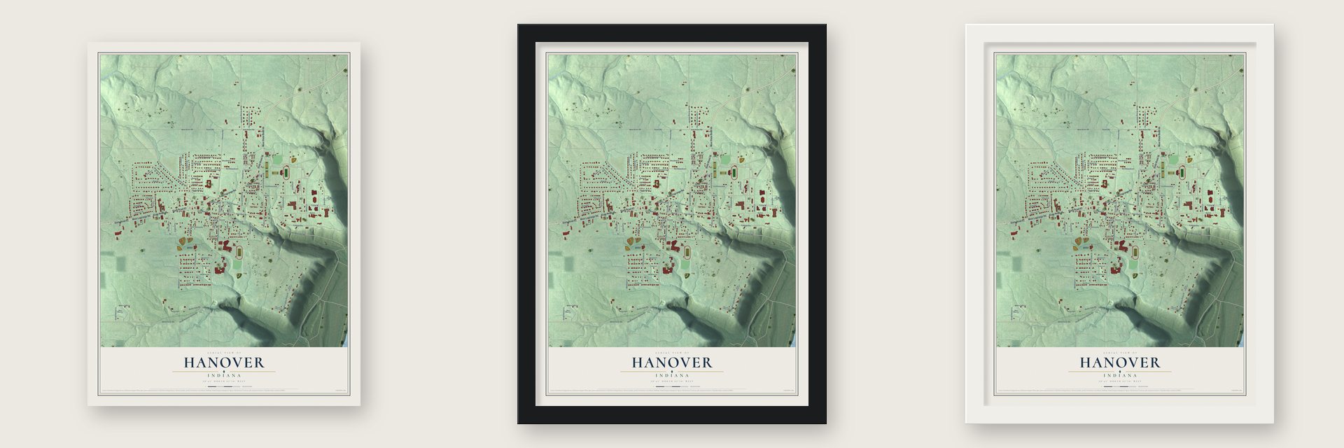 Hanover, Indiana map unframed, in a black wood frame and in a white wood frame