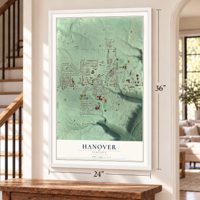 Hanover, Indiana map, 24 x 36 inch print in a white frame by a staircase