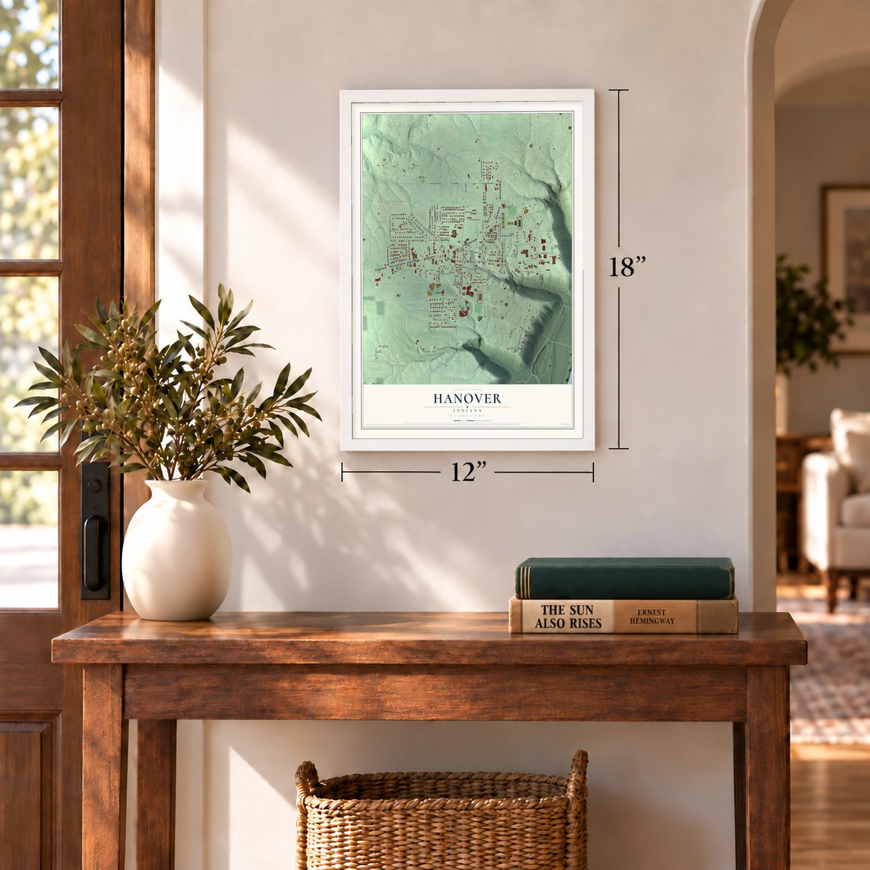 Hanover, Indiana map, 12 x 18 inch print in a white frame in an entryway