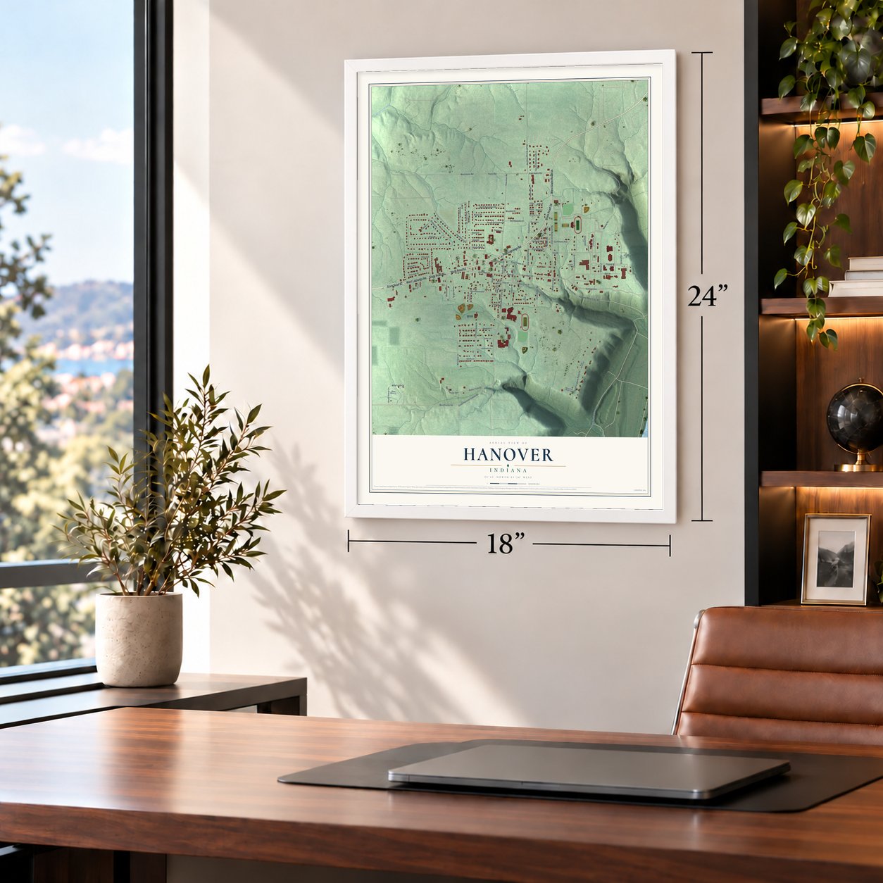 Hanover, Indiana map, 18 x 24 inch print in a white frame in a home office
