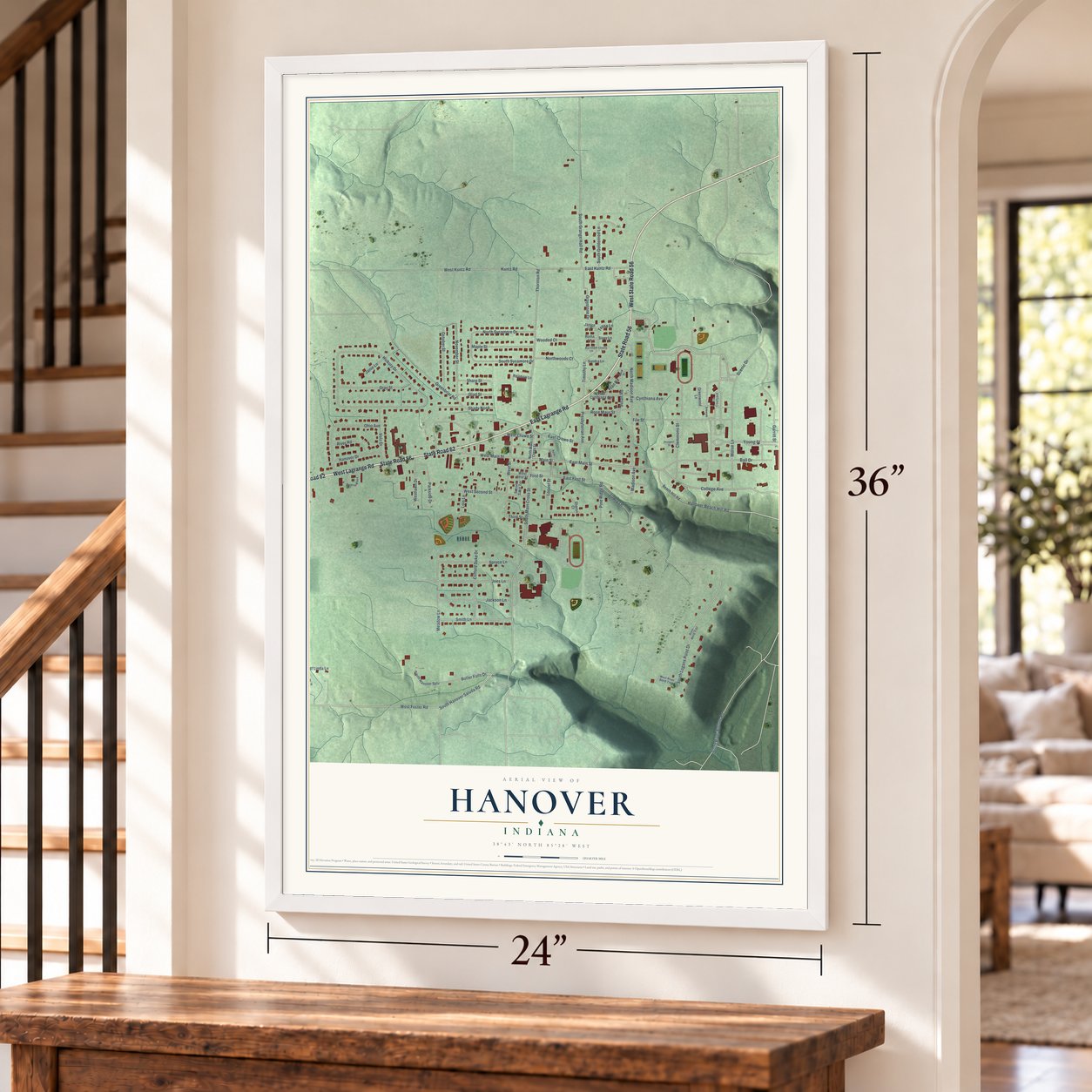 Hanover, Indiana map, 24 x 36 inch print in a white frame by a staircase