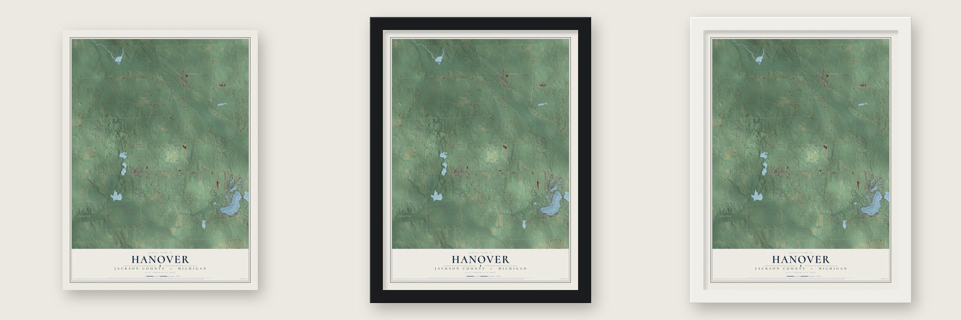 Hanover, Jackson County, Michigan map unframed, in a black wood frame and in a white wood frame