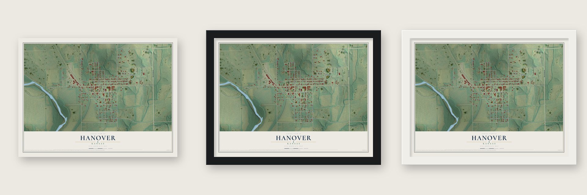 Hanover, Kansas map unframed, in a black wood frame and in a white wood frame