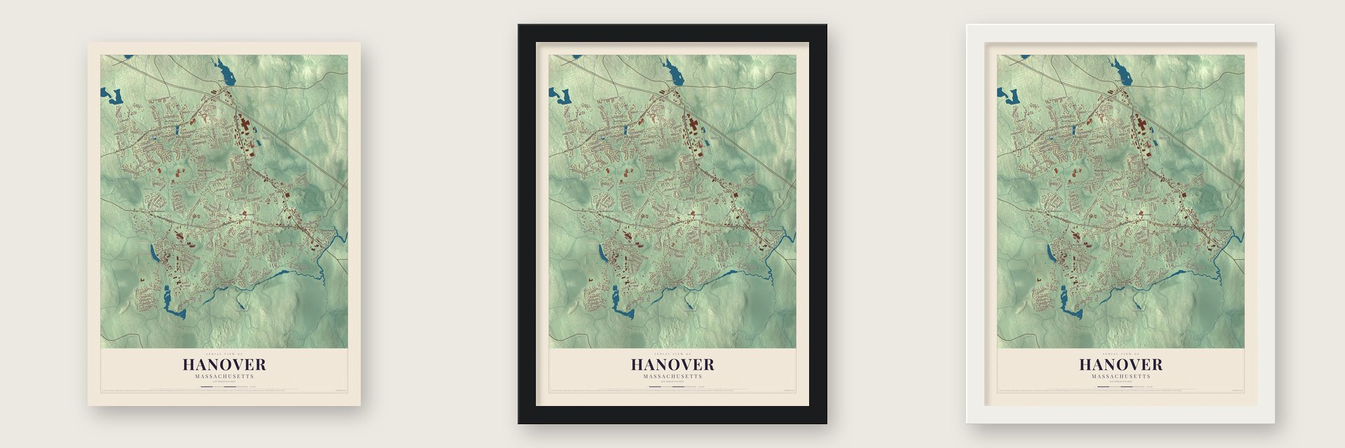 Hanover, Massachusetts map unframed, in a black wood frame and in a white wood frame