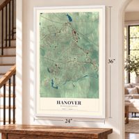 Hanover, Massachusetts map, 24 x 36 inch print in a white frame by a staircase
