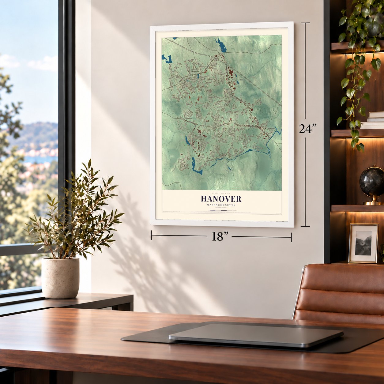 Hanover, Massachusetts map, 18 x 24 inch print in a white frame in a home office