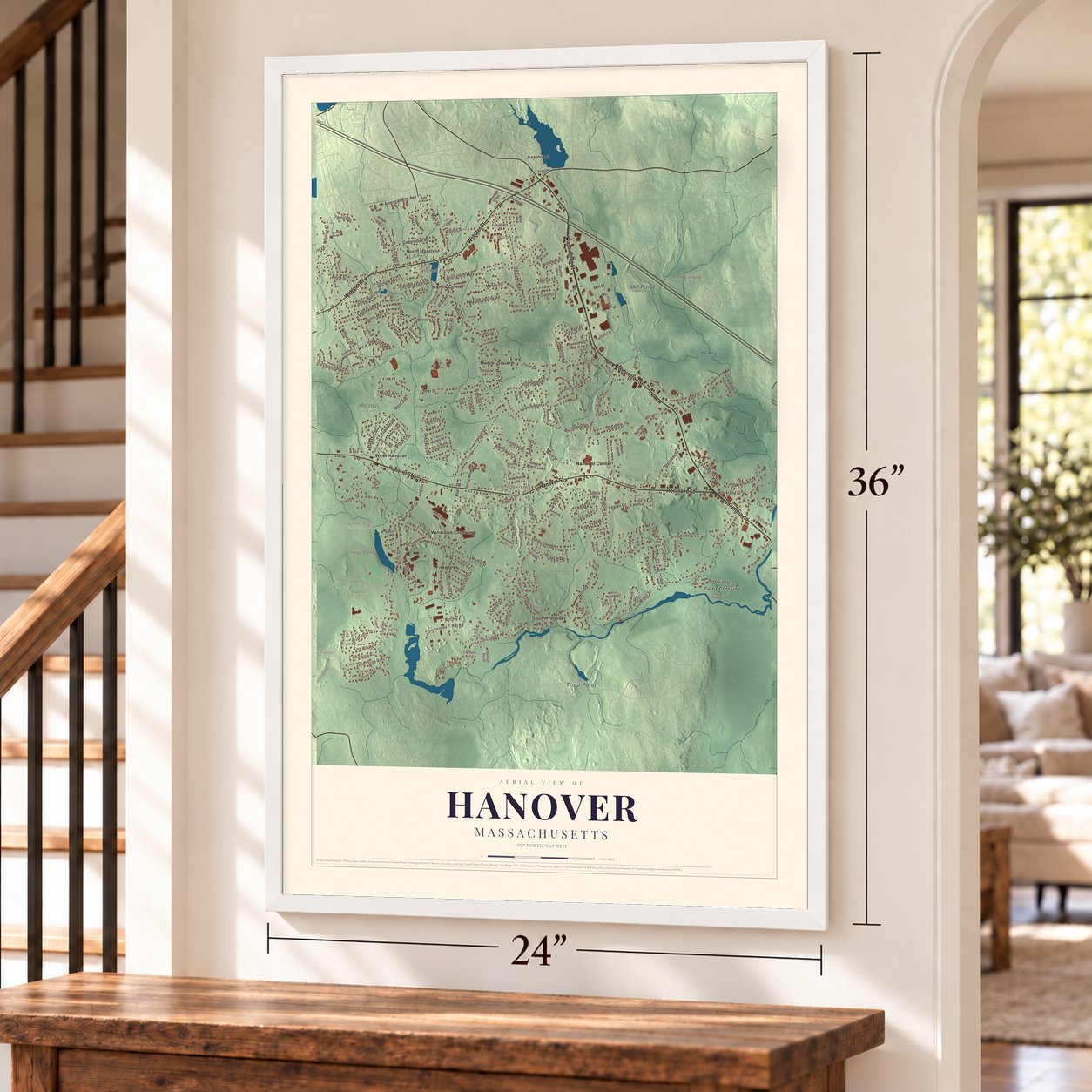Hanover, Massachusetts map, 24 x 36 inch print in a white frame by a staircase