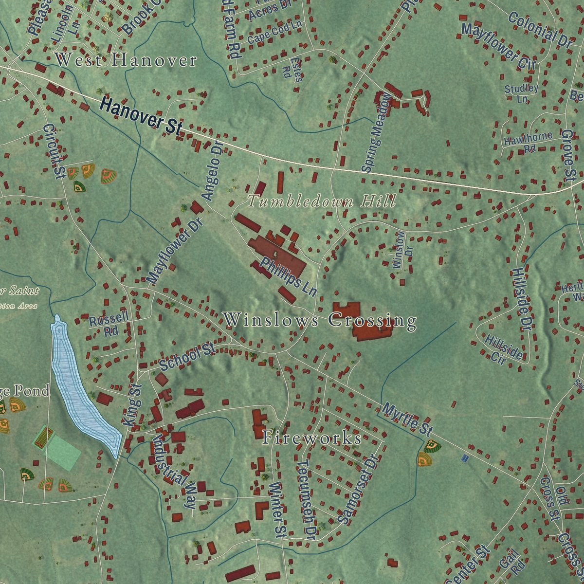 Second close-up of the map of Hanover, Massachusetts print showing more streets and buildings