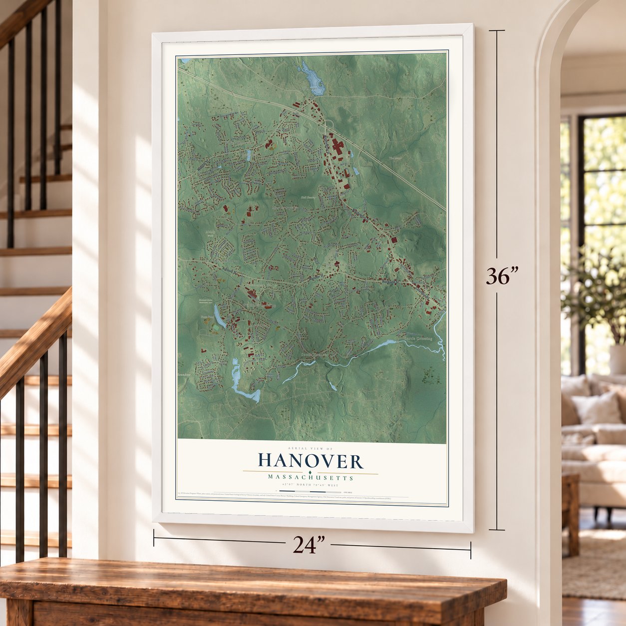 Hanover, Massachusetts map, 24 x 36 inch print in a white frame by a staircase
