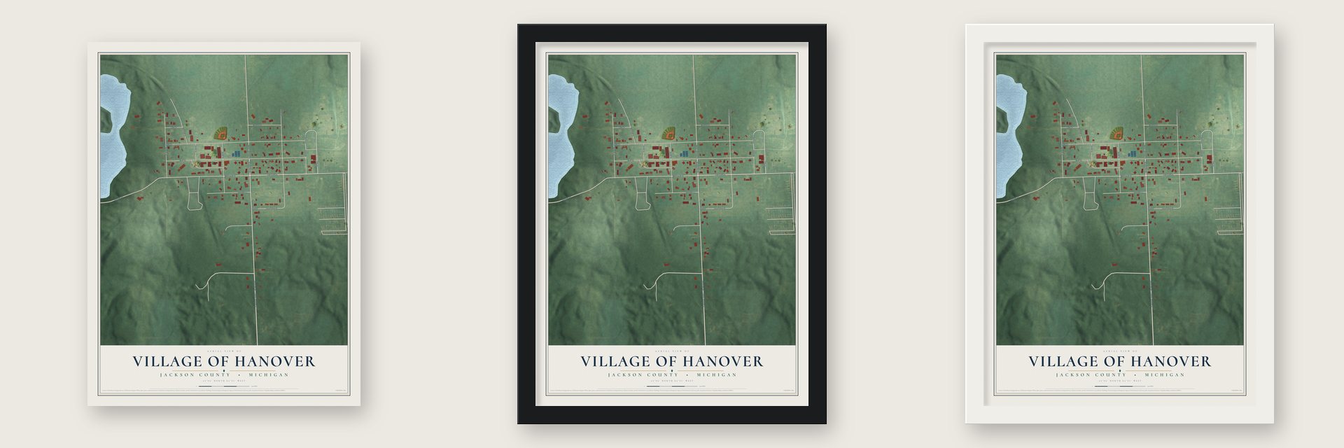 Hanover, Michigan map unframed, in a black wood frame and in a white wood frame