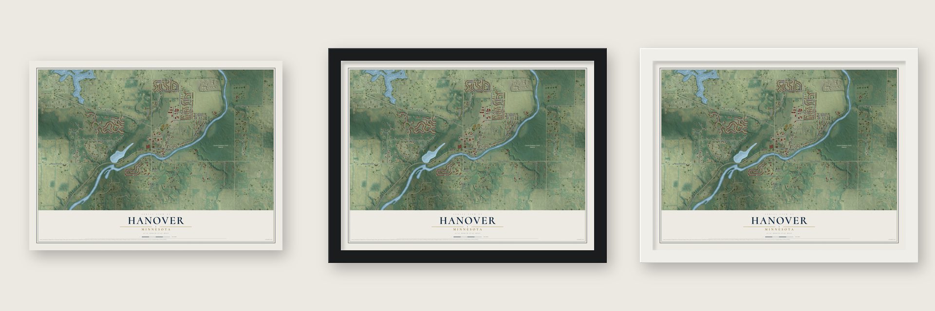 Hanover, Minnesota map unframed, in a black wood frame and in a white wood frame