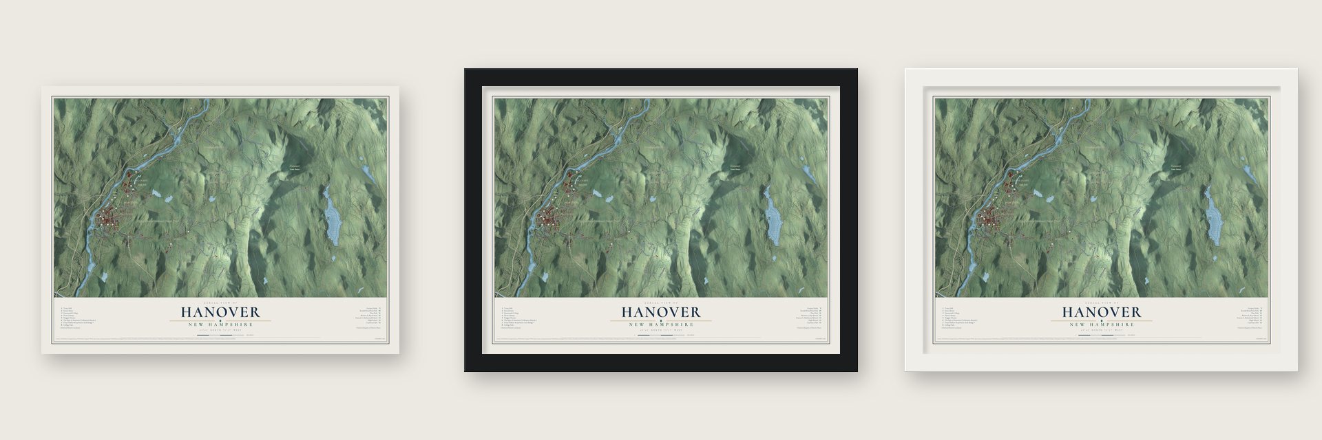Hanover, New Hampshire map unframed, in a black wood frame and in a white wood frame