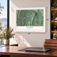 Hanover, New Hampshire map, 18 x 24 inch print in a white frame in a home office