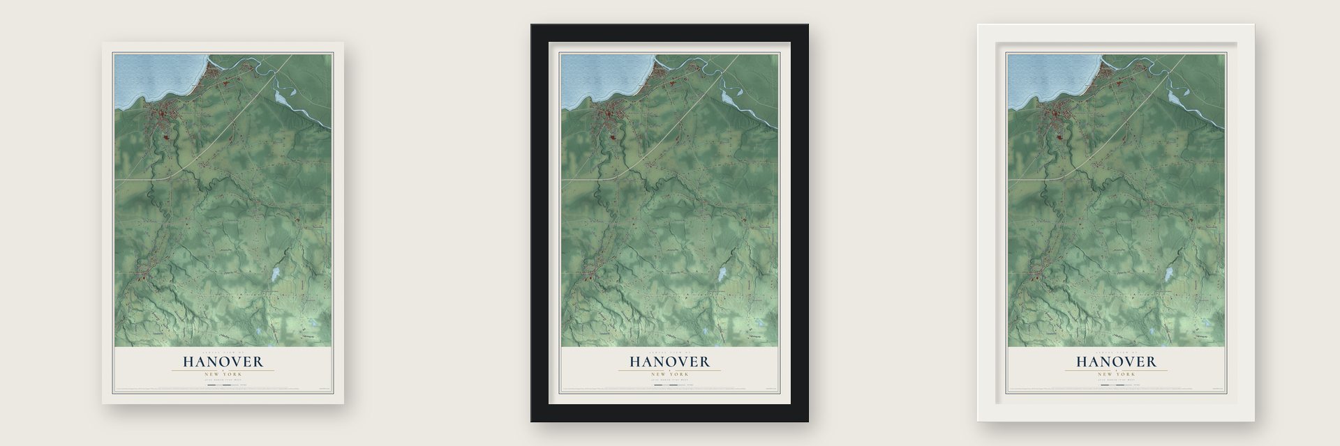 Hanover, New York map unframed, in a black wood frame and in a white wood frame