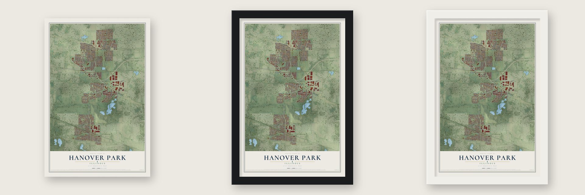 Hanover Park, Illinois map unframed, in a black wood frame and in a white wood frame
