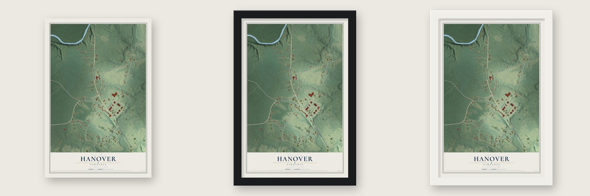 Hanover, Virginia map unframed, in a black wood frame and in a white wood frame