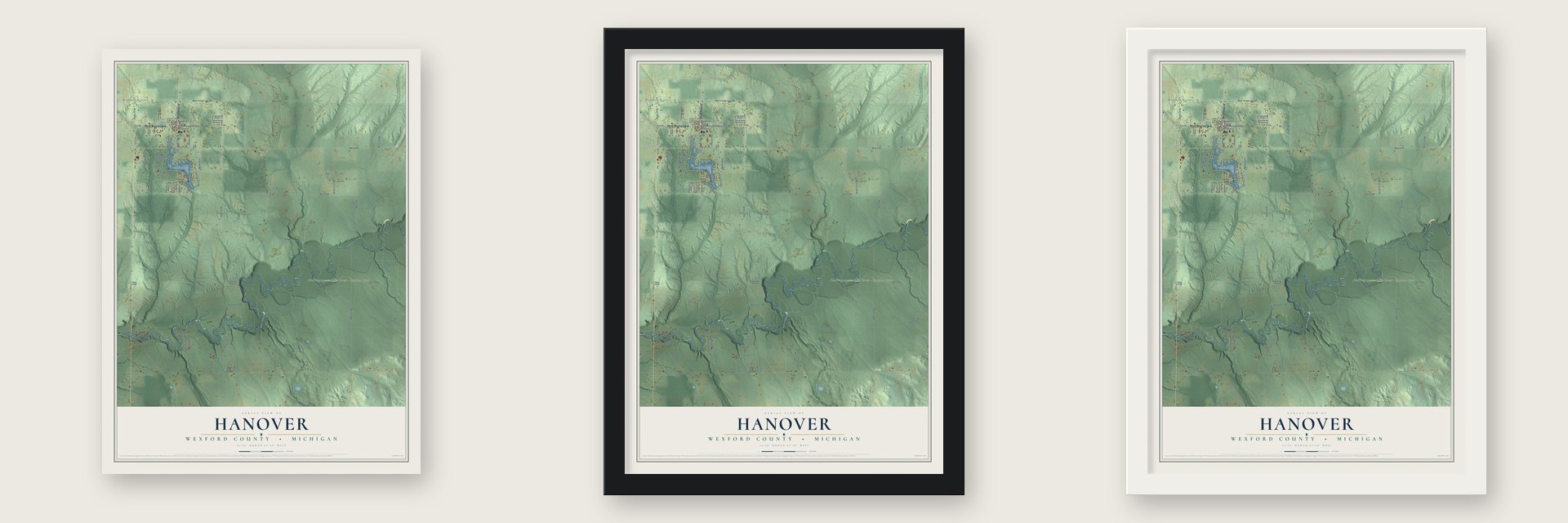 Hanover, Wexford County, Michigan map unframed, in a black wood frame and in a white wood frame