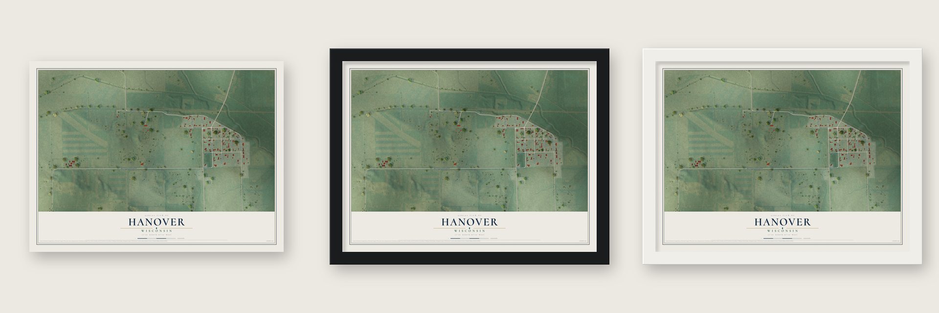 Hanover, Wisconsin map unframed, in a black wood frame and in a white wood frame