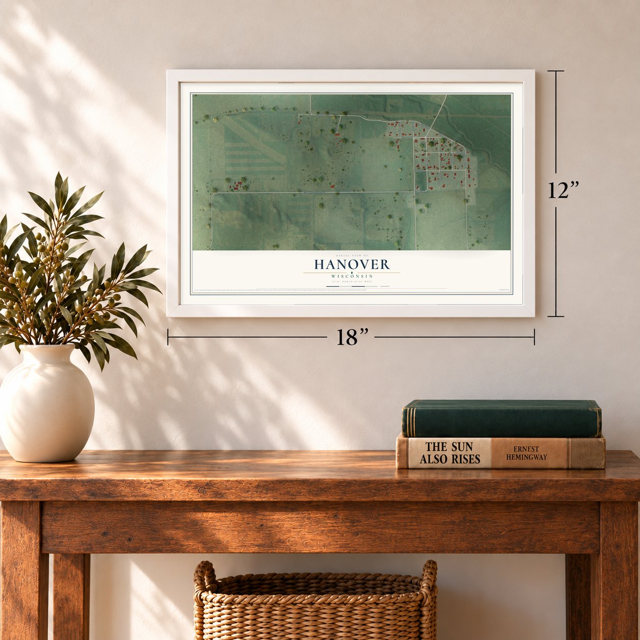 Hanover, Wisconsin map, 12 x 18 inch print in a white frame in an entryway