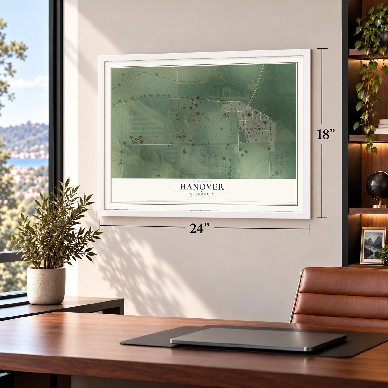 Hanover, Wisconsin map, 18 x 24 inch print in a white frame in a home office