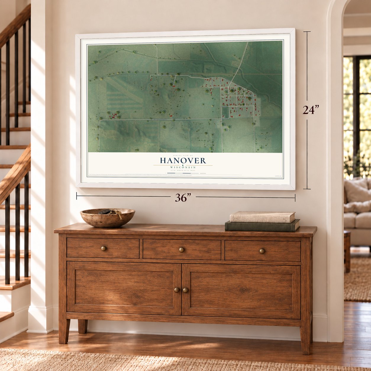 Hanover, Wisconsin map, 24 x 36 inch print in a white frame above a dresser by a staircase