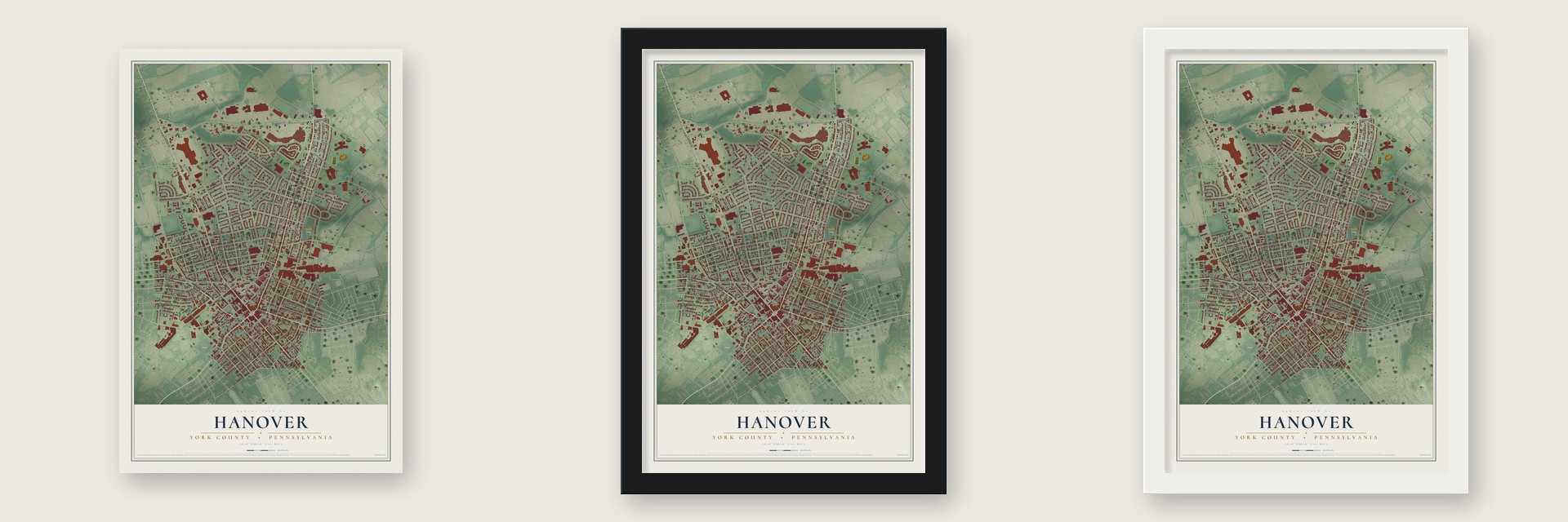 Hanover, York County, Pennsylvania map unframed, in a black wood frame and in a white wood frame