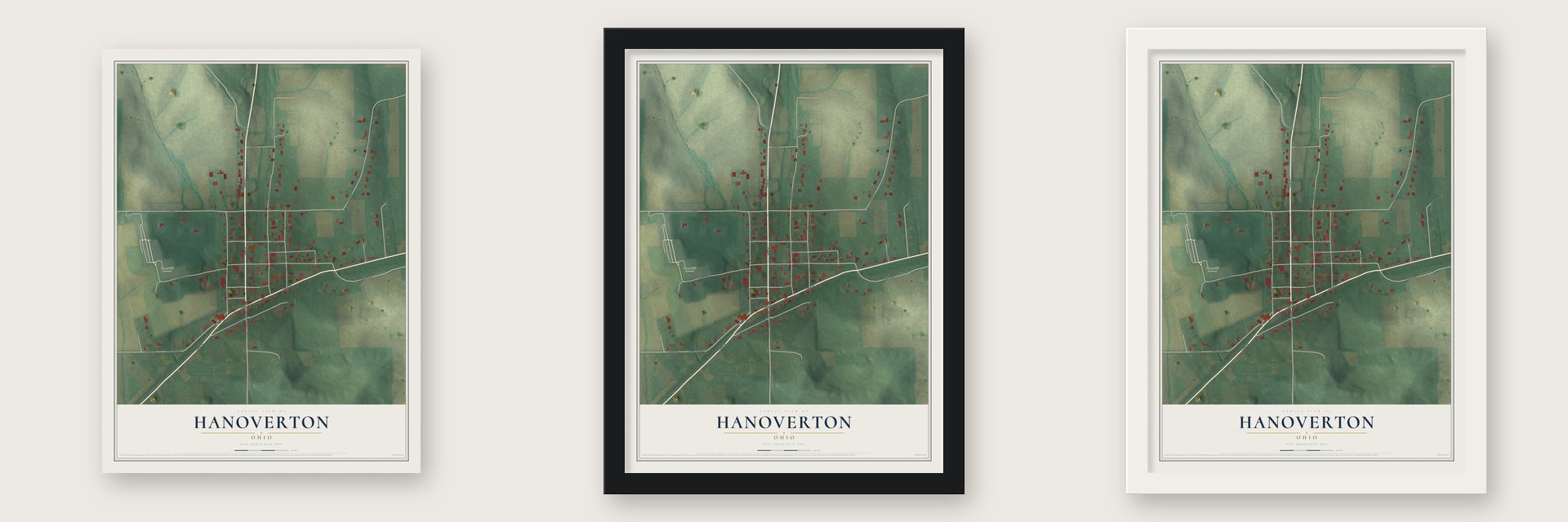 Hanoverton, Ohio map unframed, in a black wood frame and in a white wood frame