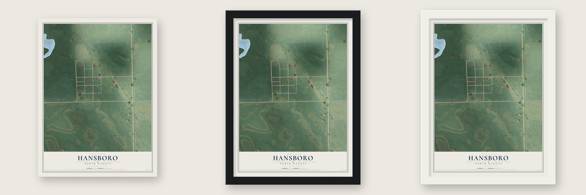 Hansboro, North Dakota map unframed, in a black wood frame and in a white wood frame