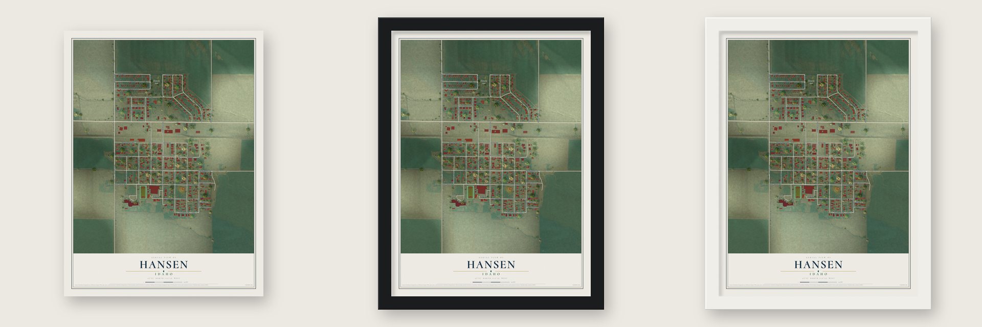 Hansen, Idaho map unframed, in a black wood frame and in a white wood frame