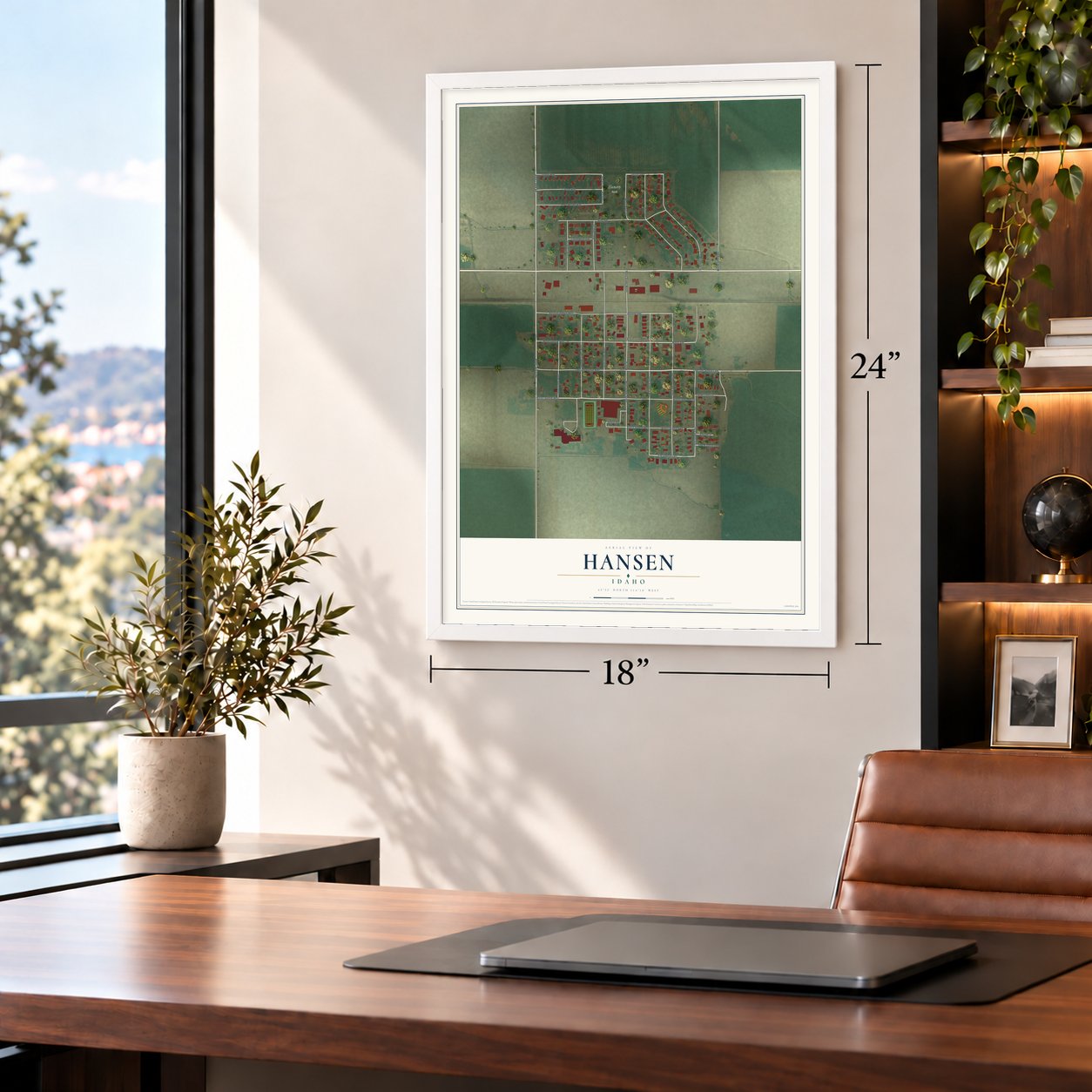Hansen, Idaho map, 18 x 24 inch print in a white frame in a home office