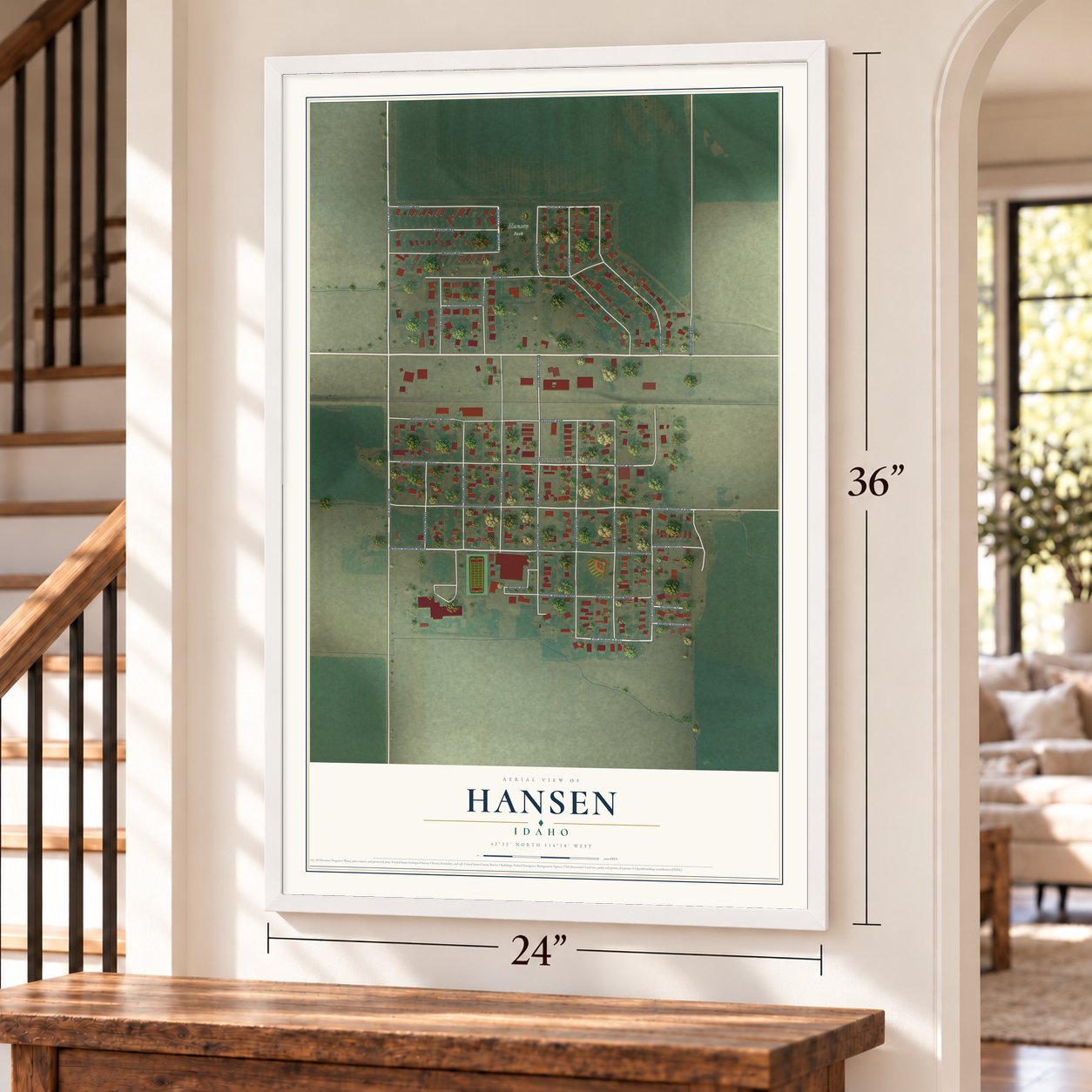 Hansen, Idaho map, 24 x 36 inch print in a white frame by a staircase