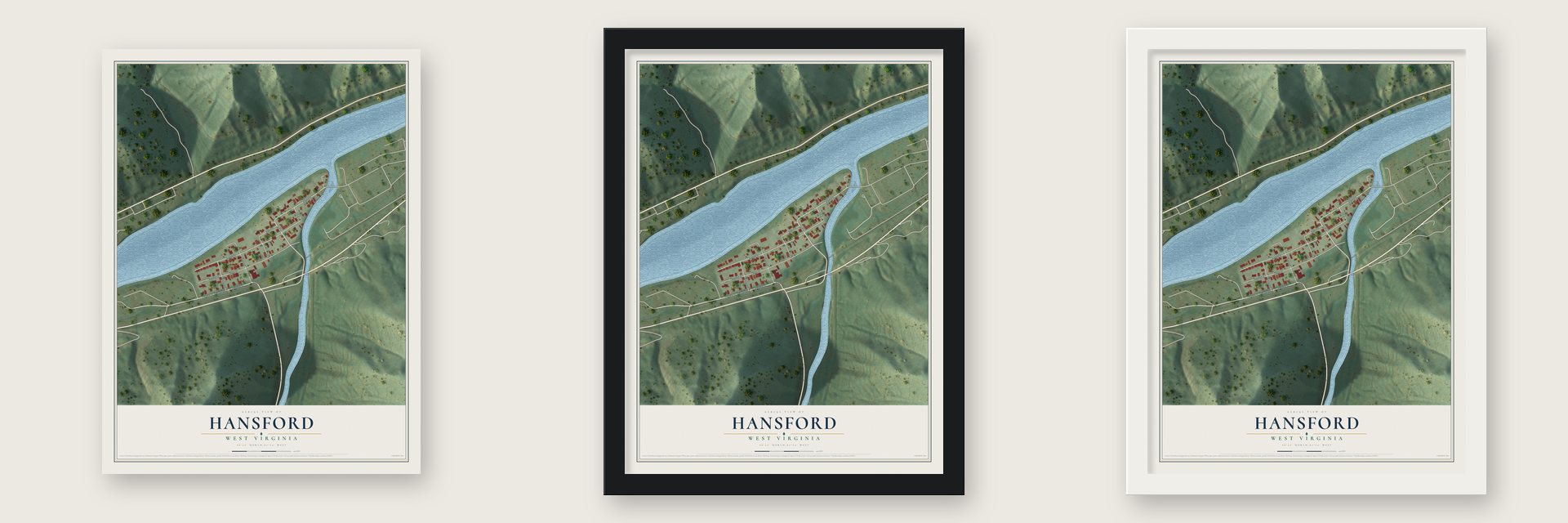 Hansford, West Virginia map unframed, in a black wood frame and in a white wood frame