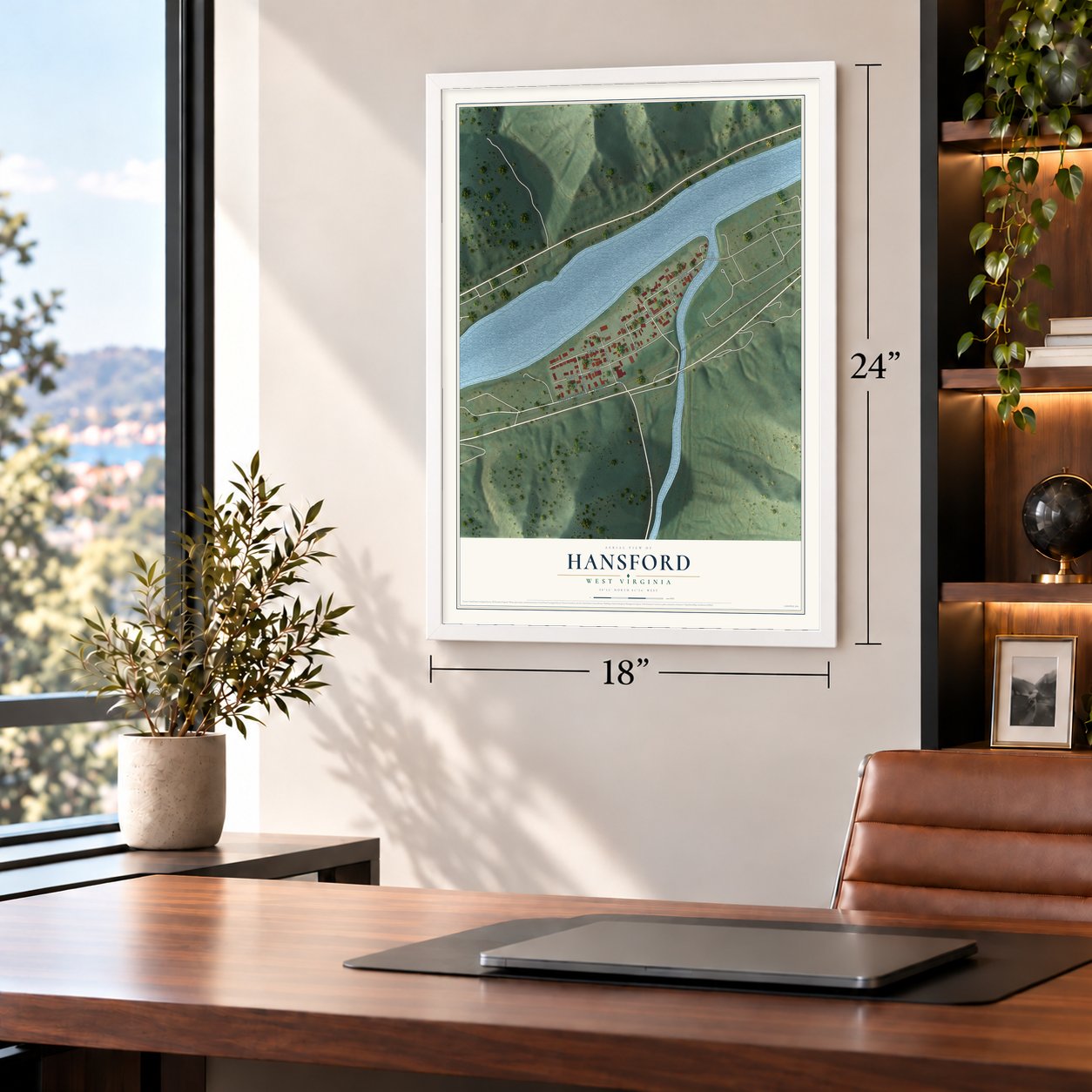 Hansford, West Virginia map, 18 x 24 inch print in a white frame in a home office