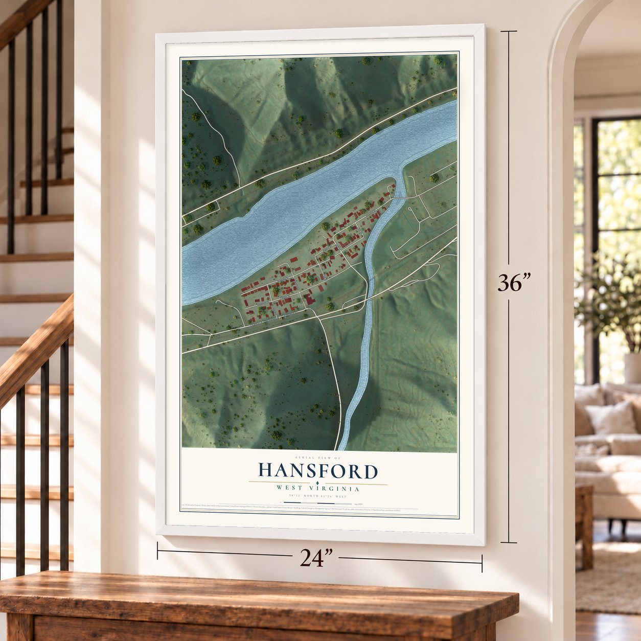 Hansford, West Virginia map, 24 x 36 inch print in a white frame by a staircase