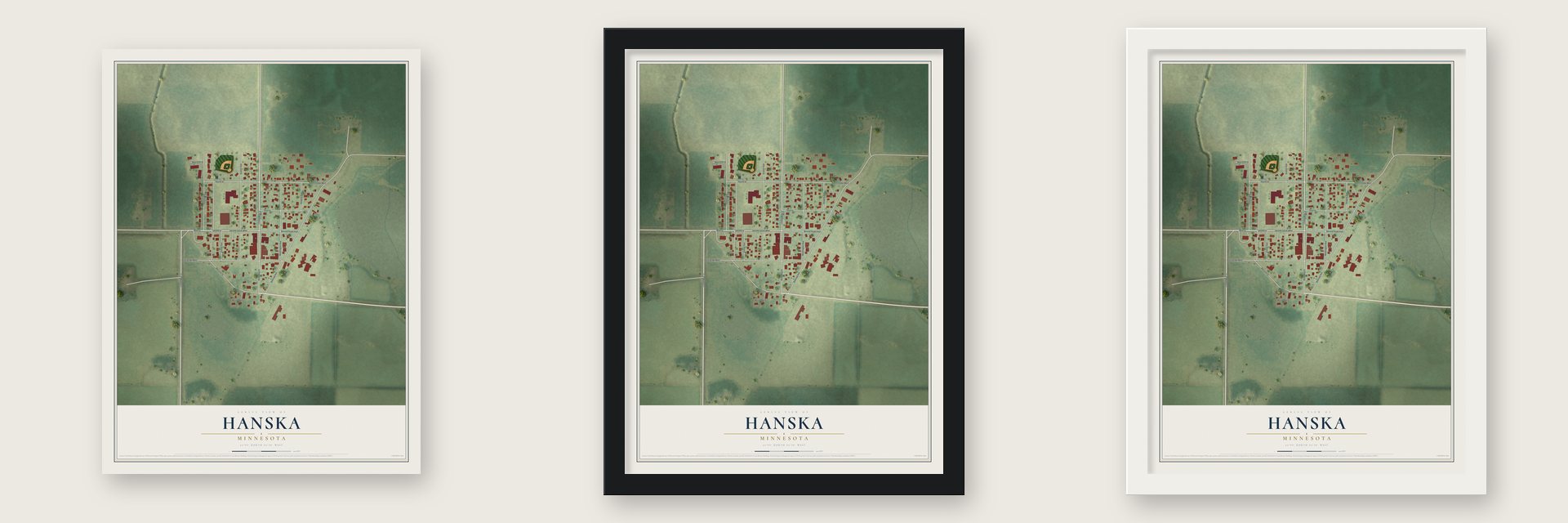 Hanska, Minnesota map unframed, in a black wood frame and in a white wood frame