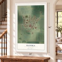 Hanska, Minnesota map, 24 x 36 inch print in a white frame by a staircase