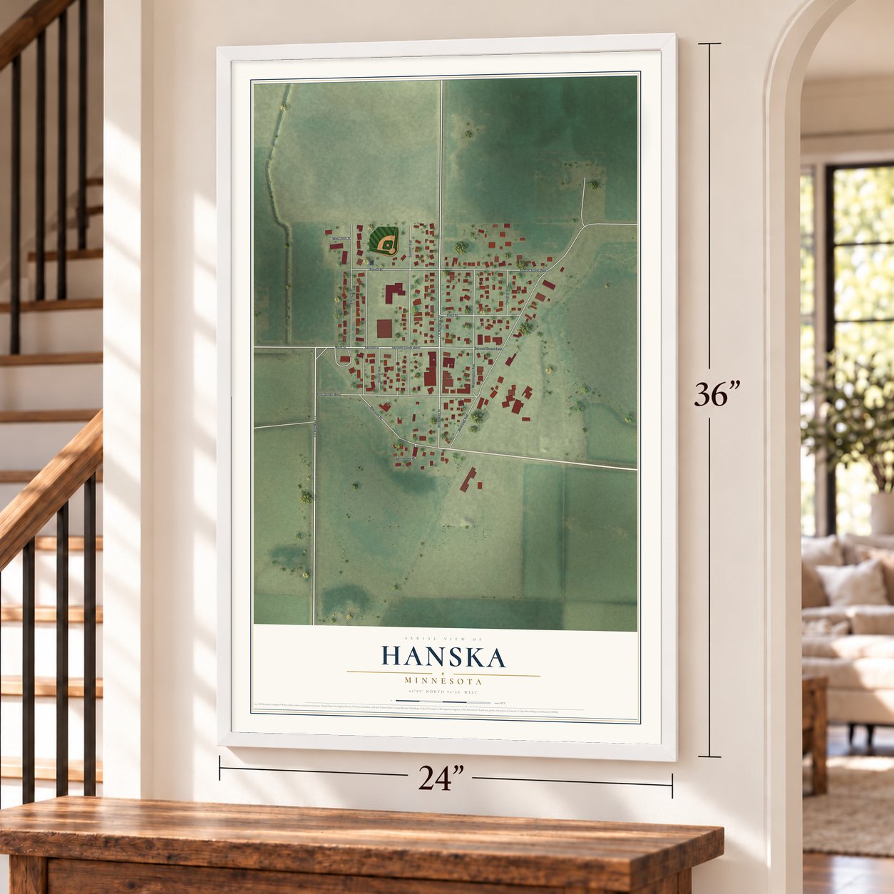 Hanska, Minnesota map, 24 x 36 inch print in a white frame by a staircase