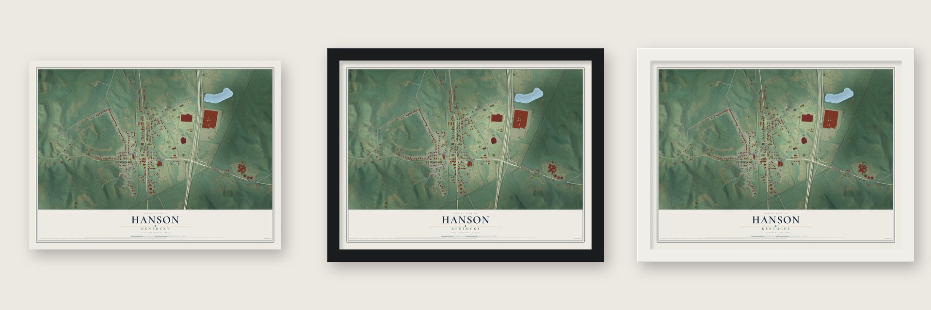 Hanson, Kentucky map unframed, in a black wood frame and in a white wood frame