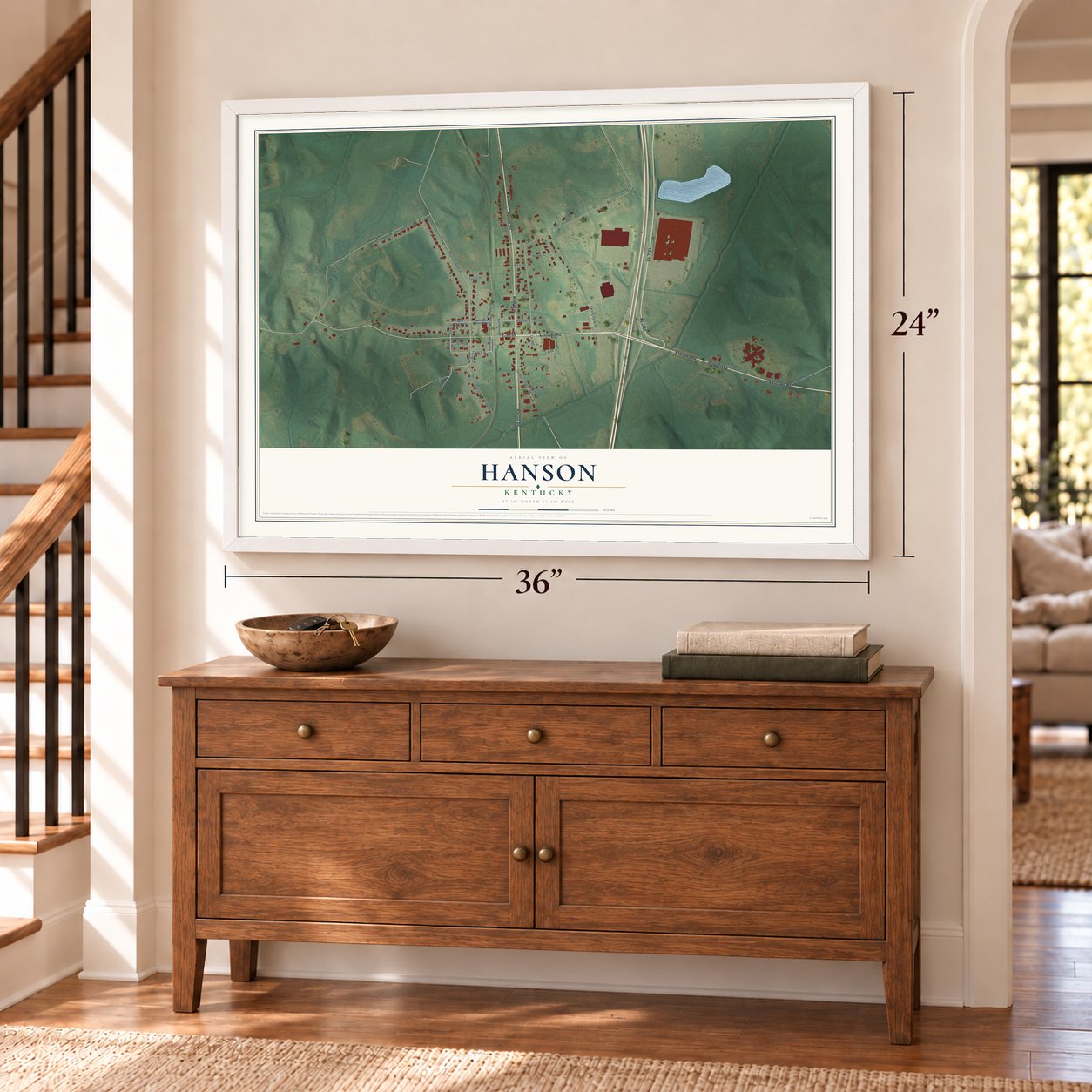 Hanson, Kentucky map, 24 x 36 inch print in a white frame above a dresser by a staircase
