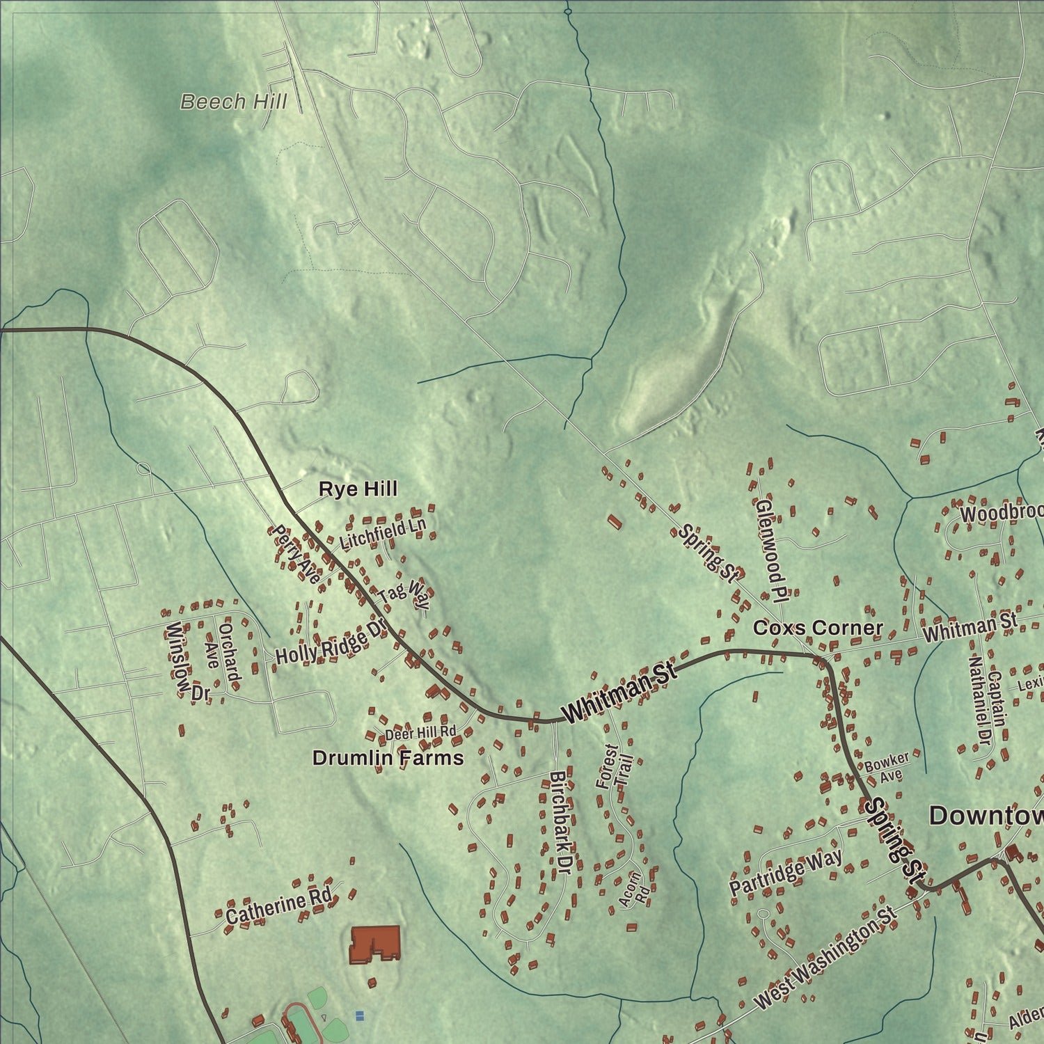 Close-up of the map of Hanson, Massachusetts print showing terrain and local geography