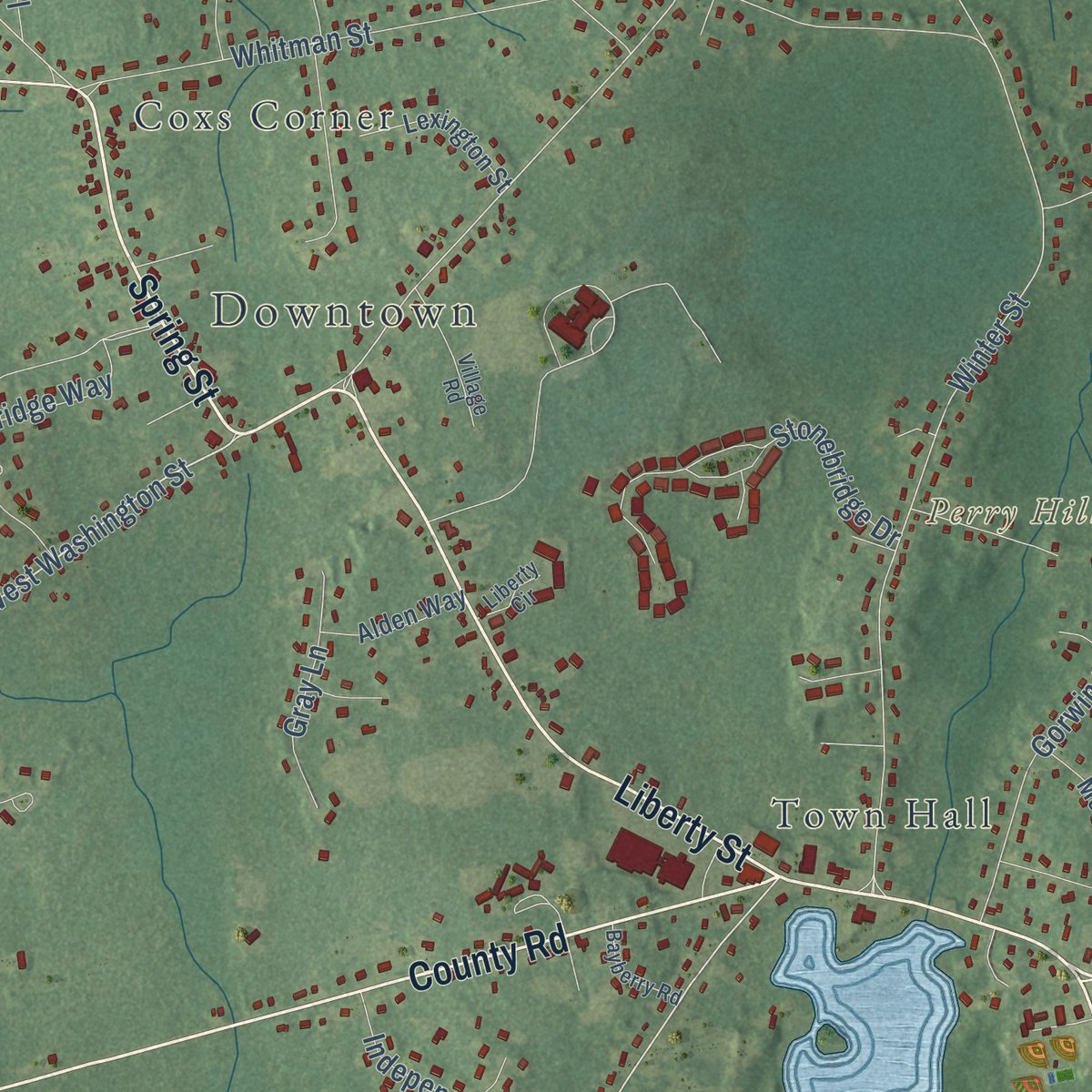 Second close-up of the map of Hanson, Massachusetts print showing more streets and buildings