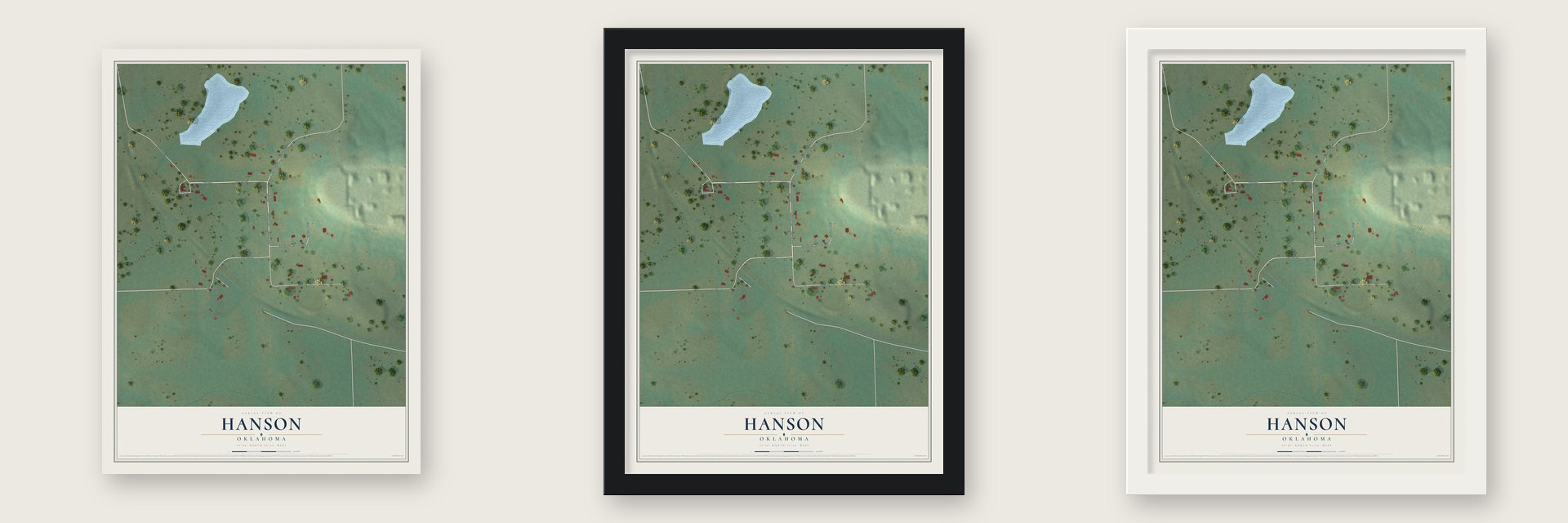 Hanson, Oklahoma map unframed, in a black wood frame and in a white wood frame