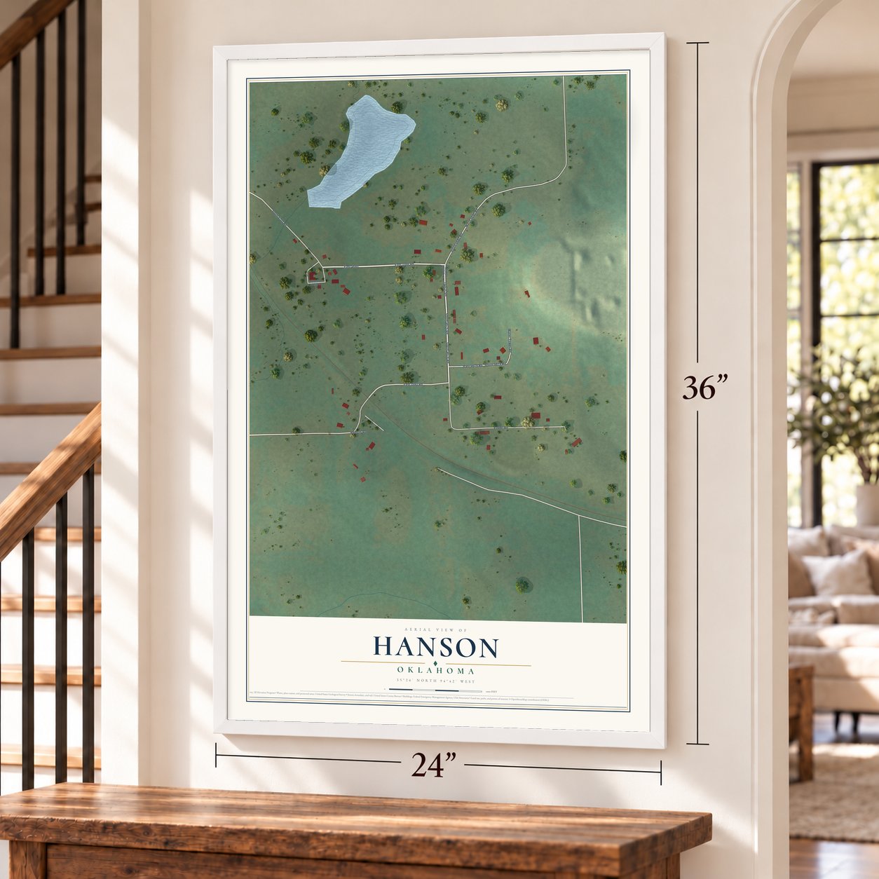 Hanson, Oklahoma map, 24 x 36 inch print in a white frame by a staircase