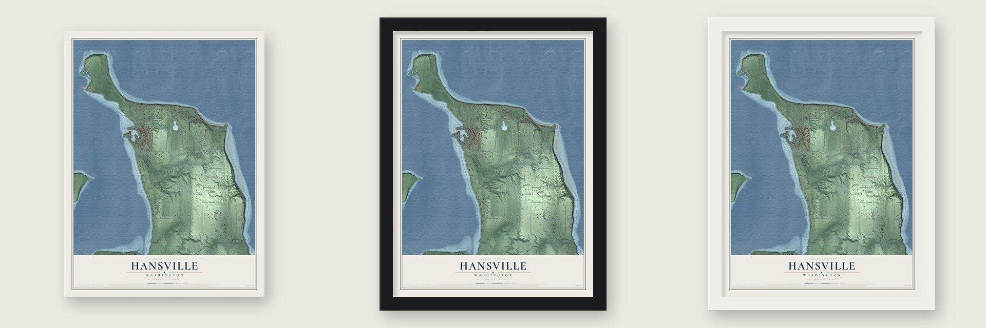 Hansville, Washington map unframed, in a black wood frame and in a white wood frame