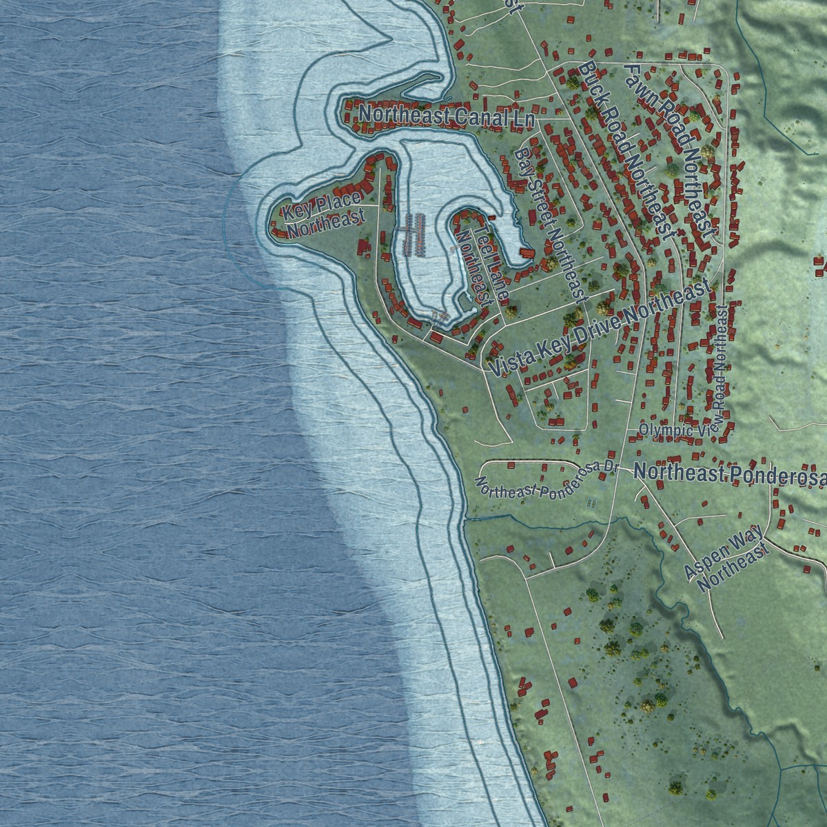Second close-up of the map of Hansville, Washington print showing more streets and buildings