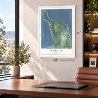 Hansville, Washington map, 18 x 24 inch print in a white frame in a home office