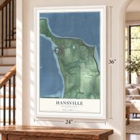 Hansville, Washington map, 24 x 36 inch print in a white frame by a staircase