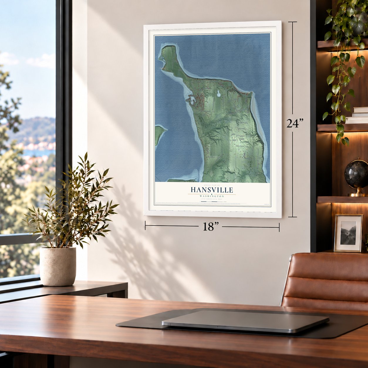 Hansville, Washington map, 18 x 24 inch print in a white frame in a home office